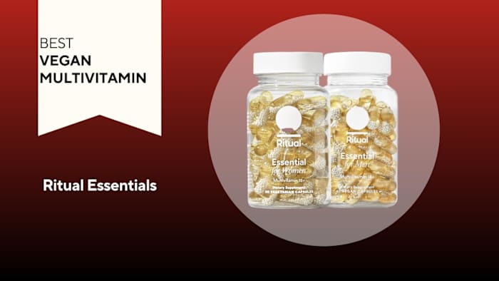 A red background with a white banner that says, "Best Vegan Multivitamin" next to two clear containers filled with gold capsules; one says Ritual Essential for Women, and the other says Ritual Essential for Men